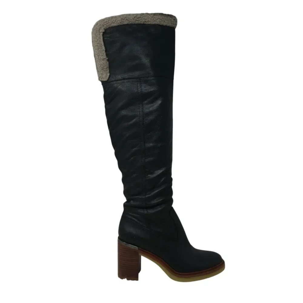 Vince Camuto Gambrel Black Leather‎ Over The Knee Stacked Heel Boots Womens 8